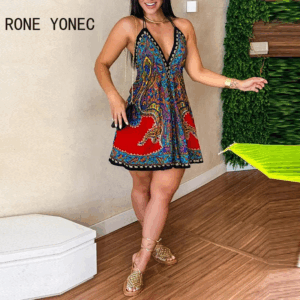 Women Sexy Allover Print Halter Sleeveless Lace Up Deep V Neck Backless Mini A Line Sexy Dresses - Image 3