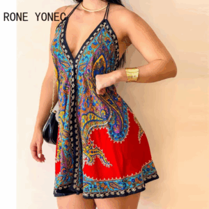 Women Sexy Allover Print Halter Sleeveless Lace Up Deep V Neck Backless Mini A Line Sexy Dresses - Image 4
