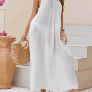 Yiiciovy Summer Sexy Women Bikini Cover Ups Sexy See-through Solid Color Loose Backless Slit Halterneck Dress Beach Cover-Ups - Image 5