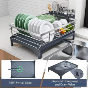 304 Stainless Steel Single Tier Dish Drainer Rack-Heavy-DutySpace-Saving Kitchen Accessories with Utensil Holder&Drain Tray - Image 5