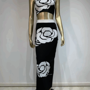 Women Summer Sexy Backless Halter Rose Jacquard Black Two Pieces Skirt Bandage Set 2024 Celebrity Designer Fashion Women's Set - Image 6