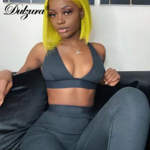 Dulzura Ribbed Women 2 Pieces V Neck Bra Leggings Set Crop Top Matching Co Ords 2020 Autumn Winter Clothes Sporty Tracksuit Club - Image 2