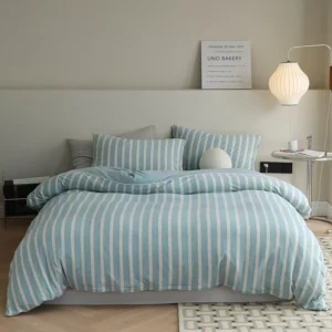 3/4pc Jersey Knit Cotton Bed Sets Single King Size Bed Linen Light Green Stripe Duvet Cover Set Queen Fitted Sheet Japanese Styl - Image 4