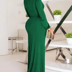 Women Elegant Solid Color V Neck Long Sleeve Satin Split Party Dress - Image 3