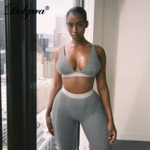 Dulzura Ribbed Women 2 Pieces V Neck Bra Leggings Set Crop Top Matching Co Ords 2020 Autumn Winter Clothes Sporty Tracksuit Club - Image 3