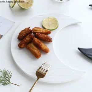 Black White Moon Shape Ceramic Plate Dinner Plates Irregular Sushi Dish Pastry Dessert Decorative Plate Restaurant Tableware - Image 3