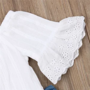 1-6Years Kids Baby Girls Clothes Set Off Shoulder White Lace Tops Shirt Pearl Denim Long Pants Jeans Toddler Set Girls Outfits - Image 4