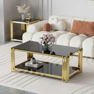 Modern luxury black coffee table living room, gold stainless steel leg rectangular 8mm thick black tempered glass - Image 1