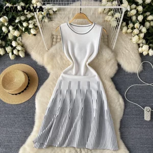 CM.YAYA Women Sleeveless Striped Knitted O-neck Mini Dress 2025 Summer Elegant Beach Party Evening Night Club Chic Dresses - Image 5