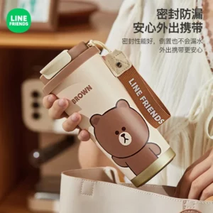 500ml Brown New Cartoon Portable Rope Insulated Cup Line Friends Stainless Steel Large Capacity Insulated Double Drink Straw Cup - Image 4