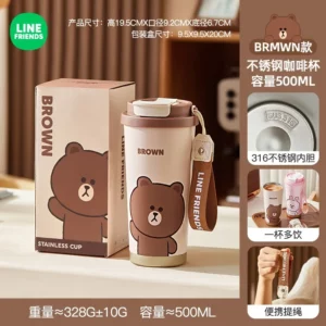 500ml Brown New Cartoon Portable Rope Insulated Cup Line Friends Stainless Steel Large Capacity Insulated Double Drink Straw Cup - Image 6