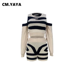 CM.YAYA Knit Ribbed Striped Women's Set Droped Shoulder Long Sleeve Sweater Top and Shorts 2023 Two 2 Piece Set Outfit Tracksuit - Image 3
