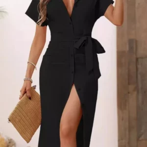 Women's Casual V Neck Short Sleeved Single-breasted Lace-up MIDI Dress Summer Solid Color Stylish Elegant Female Shirt Dresses - Image 3