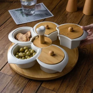White Ceramic with Turntable Five Grid Fruit Plate with Wooden Lid Rotatable Snack Platter Dessert Snack Tray Fruit Plate Set - Image 1