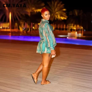 CM.YAYA Women's Set Full Sleeve Striped Print Shirt and Straight Shorts Suit 2024 Street Two 2 Piece Set Casual Outfit Tracksuit - Image 4