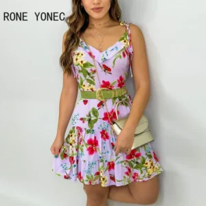 Women Elegant Dress Striped Floral Print Spaghetti Strap Ruffles Casual Dress - Image 1