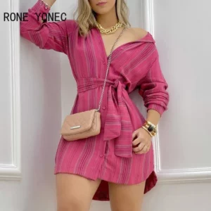 Women Casual Striped V neck Long Sleeves Sashes mini Sexy Sweat shirt Dresses - Image 1