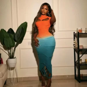 Sexy Knitted Gradient Orange Blue Hollow Out Maxi Dress Women Fashion Short Sleeve Skinny Stretch Tassel Y2K Birthday Long Dress - Image 1