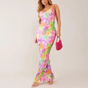 Color Printed Spaghetti Strap Maxi Dresses For Women Sexy V-neck Slim Backless Folds Dress Fashion Evening Party Elegant Vestido - Image 2