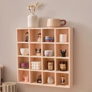 Wooden Wall-Mounted Mug Display Shelf with 16 Grid Design for Tea Sets, Cups, and Blind Box Desk Decorations storage cabinet - Image 3