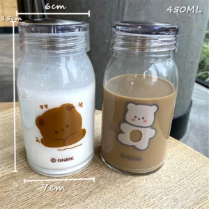 Cute Bear Glass Water Bottle With Lid Clear Printing Water Bottle Portable Cartoon Aesthetic Travel Water Bottle 500ML Couple - Image 6