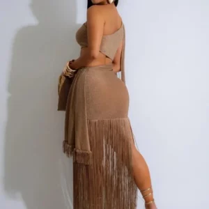Joskaa Elegant One Shoulder Tassel Long Evening Dress Women Sexy Cutout Backless Skinny Vestidos 2025 Birthday Party Clubwear - Image 2