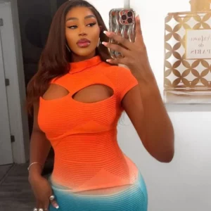 Sexy Knitted Gradient Orange Blue Hollow Out Maxi Dress Women Fashion Short Sleeve Skinny Stretch Tassel Y2K Birthday Long Dress - Image 5