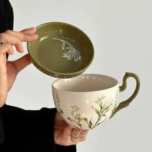 Large Capacity Ceramic Breakfast Cup with Crank Retro Rural Style Coffee Cup Dish Cups Lid Set Household Milk Mug Niche Gift - Image 4