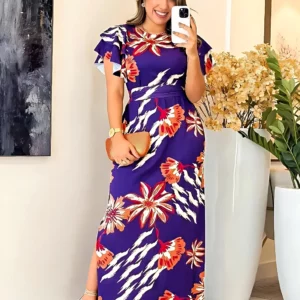 Floral Print Crew Neck Dress, Vacation Style Ruffle Sleeve Split Hem Maxi Dress For Spring & Summer, Women's Clothing - Image 1