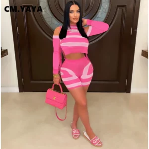 CM.YAYA Knit Ribbed Striped Women's Set Droped Shoulder Long Sleeve Sweater Top and Shorts 2023 Two 2 Piece Set Outfit Tracksuit - Image 4