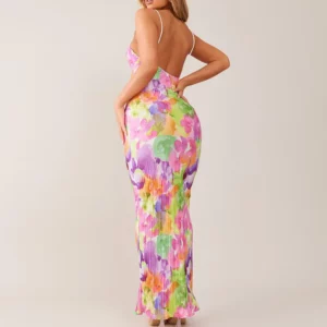 Color Printed Spaghetti Strap Maxi Dresses For Women Sexy V-neck Slim Backless Folds Dress Fashion Evening Party Elegant Vestido - Image 3