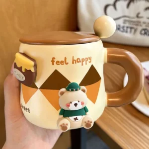 Honey Bear Mug Thickened Ceramic with Lid and Spoon Coffee Cup 3D Magnetic Detachable Adsorption Hanger Drinkware - Image 3