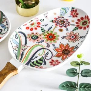 Ceramic Salad Plates with Handle,Porcelain Dinner Plates,Colorful Floral Pattern Serving Plate for Desserts Sandwiches Dishes 접시 - Image 5