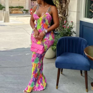 Color Printed Spaghetti Strap Maxi Dresses For Women Sexy V-neck Slim Backless Folds Dress Fashion Evening Party Elegant Vestido - Image 1