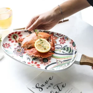 Ceramic Salad Plates with Handle,Porcelain Dinner Plates,Colorful Floral Pattern Serving Plate for Desserts Sandwiches Dishes 접시 - Image 4
