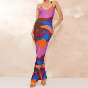 Color Printed Spaghetti Strap Maxi Dresses For Women Sexy V-neck Slim Backless Folds Dress Fashion Evening Party Elegant Vestido - Image 6