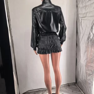 CM.YAYA Women Mini Ruched Skirts Set +Full Sleeve PU Leather Jackets Two 2 Piece Set Outfits 2024 Fall Casual Street Night Club - Image 6