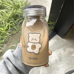 Cute Bear Glass Water Bottle With Lid Clear Printing Water Bottle Portable Cartoon Aesthetic Travel Water Bottle 500ML Couple - Image 7