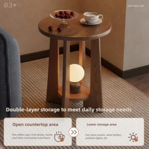 Rubberwood Movable Coffee Table Double-Layer Side Desk Anti-Tilt Thickened Small Round Table Bedroom Tea Stand - Image 4