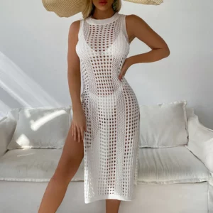 2024 Beach Bikini Cover Ups Women Crochet Knit Sheer Mesh Cover Up Swimsuit Summer Beach Wrap Split Long Dress Female Beachwear - Image 2