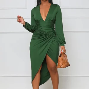 CM.YAYA Women Elegant Wraped V-neck Corset High Waist Ruched Up High Side Split Bodycon Asymmetrical Dresses Winter Autumn Dress - Image 1