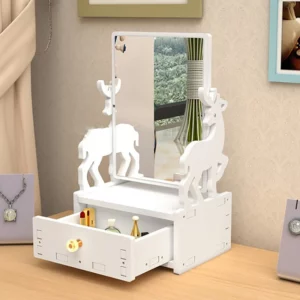 Rotate Cute Rabbit Makeup Mirror With Drawer Desktop Cosmetic Storage Box Organizer Multifunction Rack Single Side Mirror - Image 3