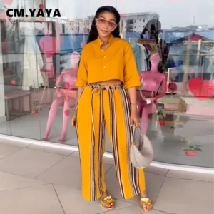 CM.YAYA Women's Set Half Sleeve Blouse Shirt and Striped Wide Leg Pants 2025 Summer Street Two 2 Piece Sets Outfits Tracksuit - Image 2