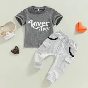 FOCUSNORM Valentines Days Infant Boys Summer Clothes Sets 0-4Y Short Sleeve Letter Print Grey T-shirt + Pants with Pockets - Image 3