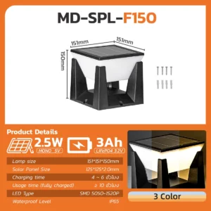 3-Color Solar Post Light IP65 Waterproof Outdoor Garden Yard Pathway LED Lamp - Solar Powered Lighting - Image 4