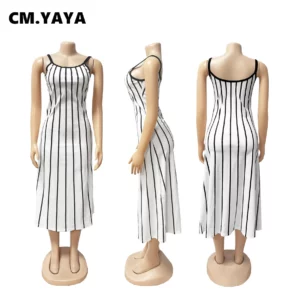 CM.YAYA 2025 Summer Women Striped Print O-Neck Long Midi Dress Sleeveless Sexy Backless Night Club Party Evening Vestido Dresses - Image 6