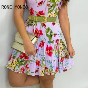 Women Elegant Dress Striped Floral Print Spaghetti Strap Ruffles Casual Dress - Image 4