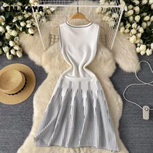 CM.YAYA Women Sleeveless Striped Knitted O-neck Mini Dress 2025 Summer Elegant Beach Party Evening Night Club Chic Dresses - Image 6