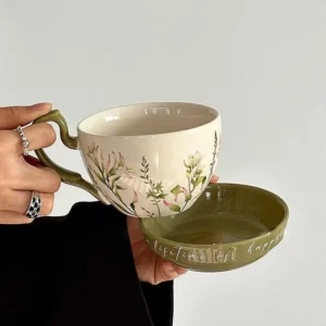 Large Capacity Ceramic Breakfast Cup with Crank Retro Rural Style Coffee Cup Dish Cups Lid Set Household Milk Mug Niche Gift - Image 5