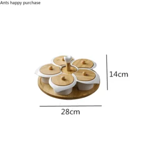 White Ceramic with Turntable Five Grid Fruit Plate with Wooden Lid Rotatable Snack Platter Dessert Snack Tray Fruit Plate Set - Image 6
